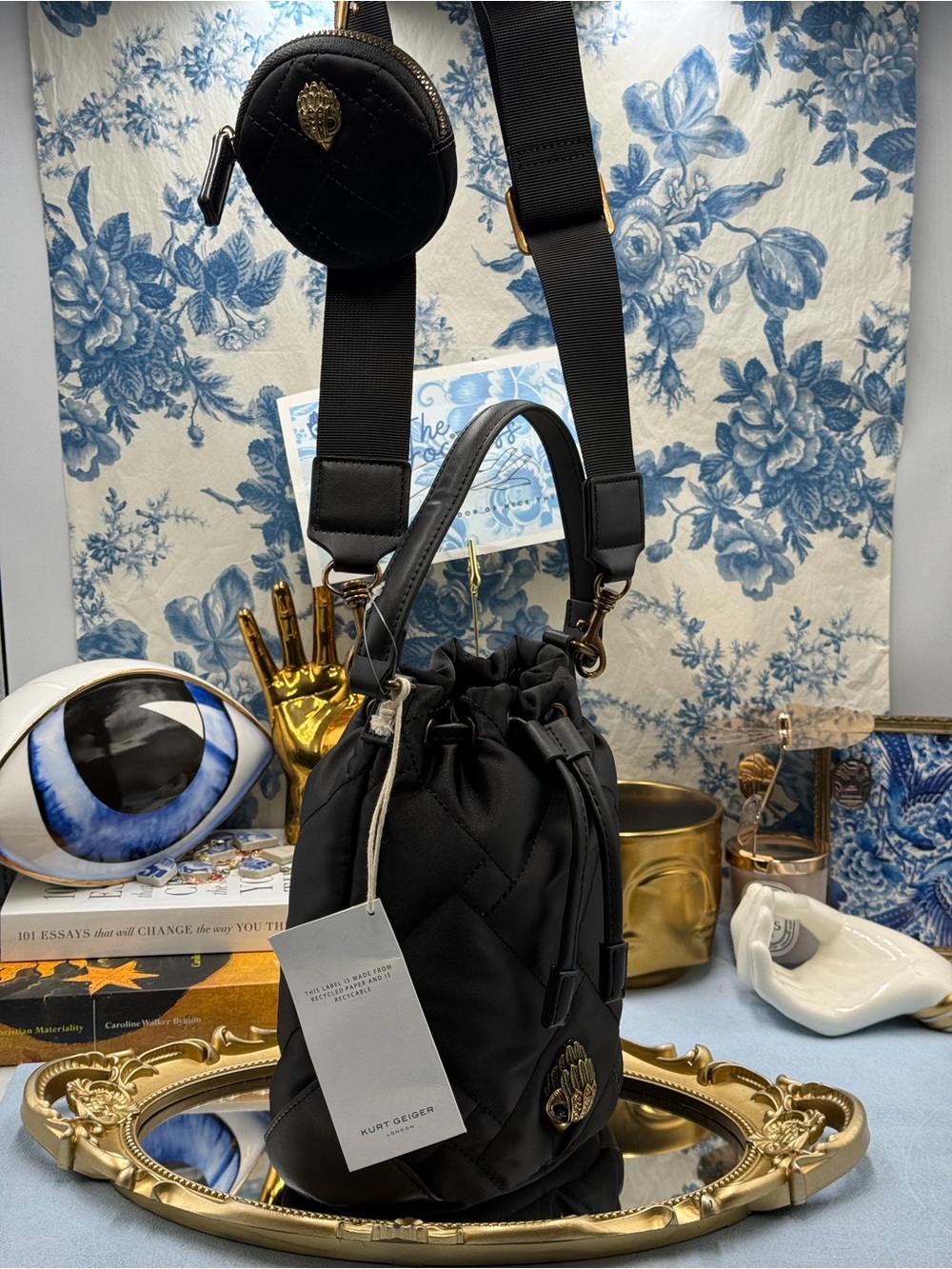 🆕 KURT GEIGER LONDON 🧿 NWT Recycled Multi Drawstring Bucket Bag, Black - Picture 3 of 12